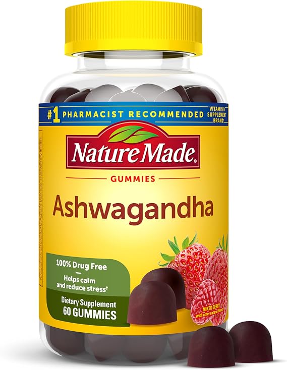 Nature Made Ashwagandha Gummies, 60 Vegan Gummies | KSM 66 Ashwagandha Supplement for Stress Support, 100% Drug Free, Gluten Free, Mixed Berry Flavor, 30 Day Supply