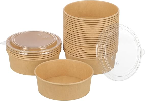 100 Pack 38 oz Disposable Bowls with Lids, Kraft Paper Salad Bowls with Lids, Paper Soup Bowls Food Container for Cold/Hot Food or Takeout