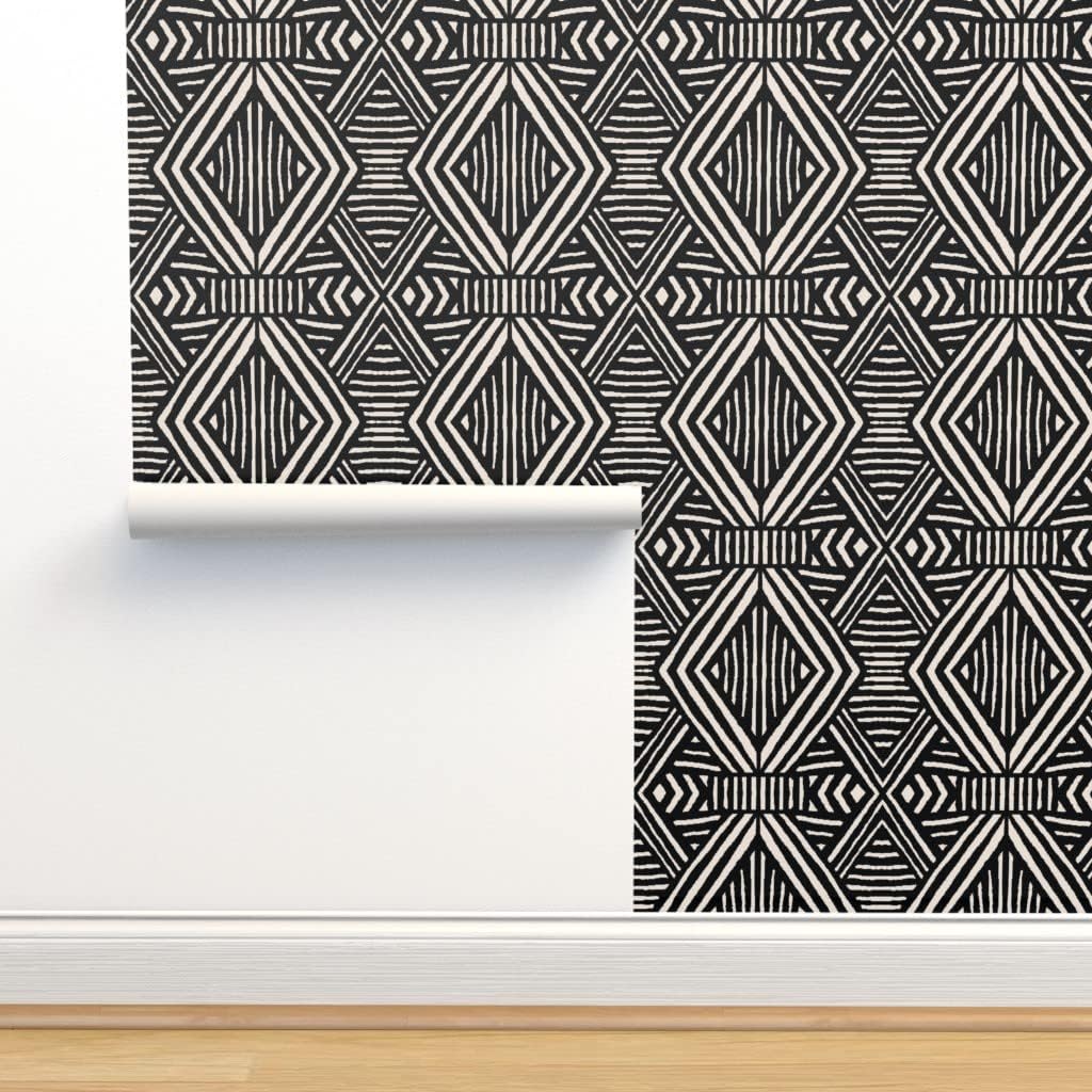 Peel & Stick Wallpaper Swatch - Tribal Geometric Mudcloth Black White Diamonds Stripe Geo Custom Removable Wallpaper by Spoonflower