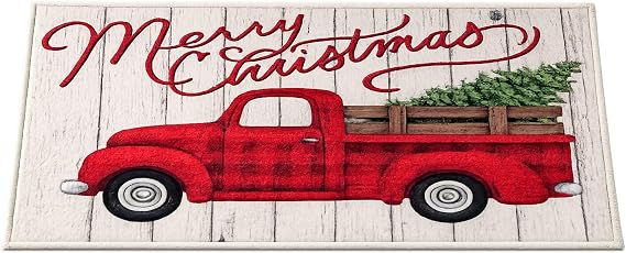 Natco Holiday Season Rug Retro Red Black Buffalo Plaid Truck Kitchen Decor Non-Skid Back 30" x 20"