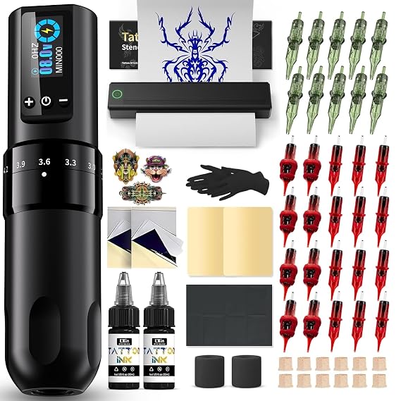 INKin Tattoo Kit for Beginners Complete Set with Tattoo Printer, Tattoo Gun with 7 Stroke 2.2-4.2mm and 1600mAh Power for Long Time Work of 8 Hours, Tattoo Kit with Tattoo Needles and Tattoo Inks