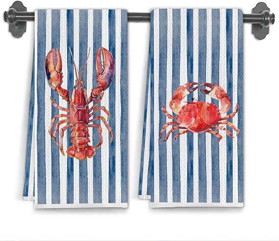 Red Crab Lobster Beach Kitchen Towels, Nautical Coastal Dish Tea Towels for Kitchen Decor, Preppy Beach Blue Striped Decorative Hand Towel for Bathroom, 16x24 Inch Set of 2
