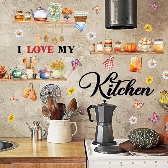 SUPERDANT Wall Sticker I Love My Kitchen Wall Sticker Kitchenware and Ingredients Wall Sticker Home Watercolour Decor Ingredients Vinyl Wall Sticker for Kitchen Dining Room Fridge Decor