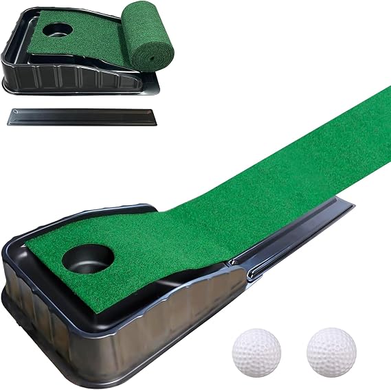 This golf putting trainer with automatic ball return, including putting green, is suitable for indoor and outdoor use in homes, offices, and backyards to improve accuracy and technique.