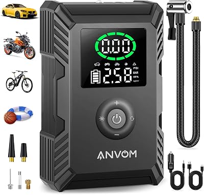 Tire Inflator Portable Air Compressor, ANVOM 6X Faster Electric Air Pump for Car Tires with Pressure Gauge,Dual-Use Type Smart Cordless Portable Compressor for Car,Pickup,Motorcycle,Bicycle and More