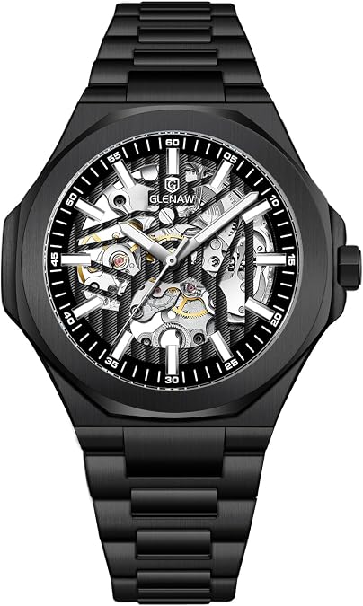 Mechanical Skeleton Watch Self-Winding Wrist Watch Mechanical Classic Business Mens Watches Sliver & Black