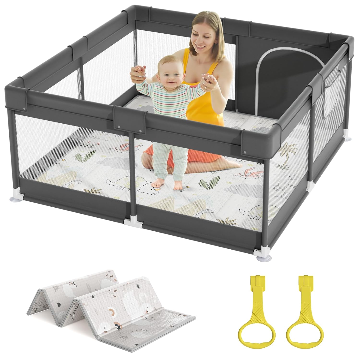 Mloong Baby Playpen with Play Mat 120 x 120 x 65 cm Small Playpen Baby Dark Grey Playpen for Apartment Playpen with Breathable Mesh on Four Sides and Suction Cups