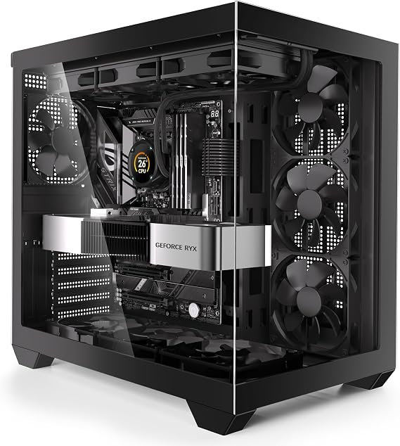 Gaming PC CASE, ATX Cpmputer CASE with 3 Non-LED Fans Pre-Installed,Type-C Full-View Dual Tempered Glass, Gaming Computer CASE Black