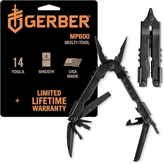 Gerber Gear Multi-Plier 600 - 14-in-1 Multitool with Sheath, Needlenose Pliers, Screwdriver, Serrated Knife, Wire Crimper, Bottle Opener, Can Opener & More - Black with Sheath