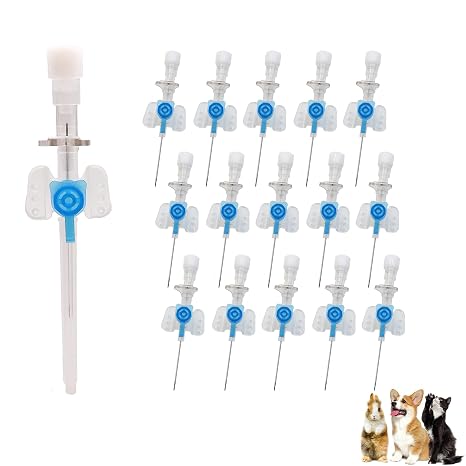 Animal IV Catheter Needles for Veterinary, Sterile Pet Catheter Needles with Filling Valve for Dog Cat Small Animals, 10pcs 22G Blue