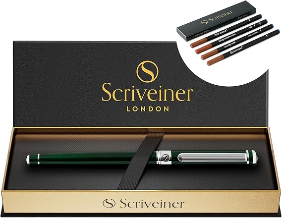 Scriveiner British Racing Green Rollerball - Stunning Luxury Rollerball Pen, Chrome Finish bundle with Rollerball Refill Blue Fine - 4 Refills in one box