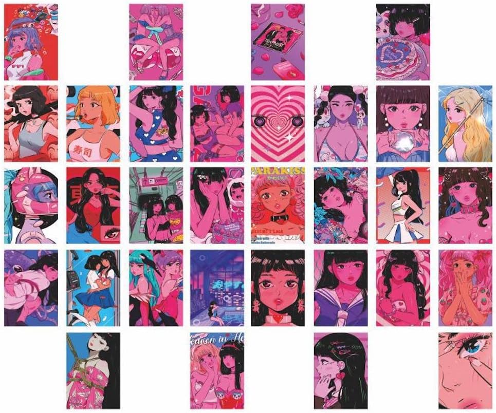 JHTPSLR Wall Collage Kit Aesthetic Pictures Pink Room Decor Y2K Posters for Teen Girls Kawaii Room Decor Japanese Anime Sweet Girls Printed Photos Decorative Postcards Wall Art Decor 32pcs