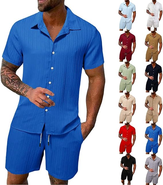 Men Beach Outfits Sets Beach Outfits 2 Piece Short Shirts And Shorts Casual Vacation Texture Linen Set