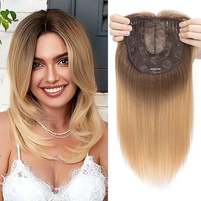 S-noilite 14inch Hair Toppers for Women with Bang Long Straight Clip in HairPieces for Women with Thinning Hair Add Volume Mixed Blonde with Dark Root