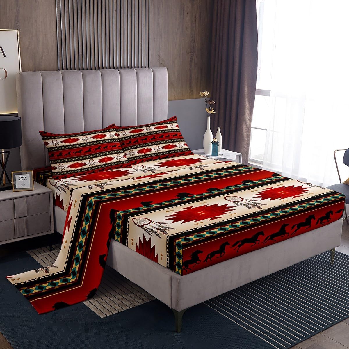 Erosebridal Horse Fitted Sheet Dream Catchers Sheet Set for Cowboy Cowgirl,Southwestern Native Aztec Horses Bed Sheets Bohemian Tribe Flat Sheet King Size Farmhouse Wildlife Bedroom Decor,Red