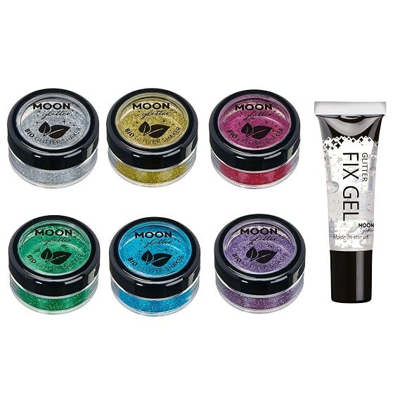 Biodegradable Eco Glitter Shakers by Moon Glitter - 100% Cosmetic Bio Glitter for Face, Body, Nails, Hair and Lips - 5g Set of 6 - plus Glitter Fix Gel