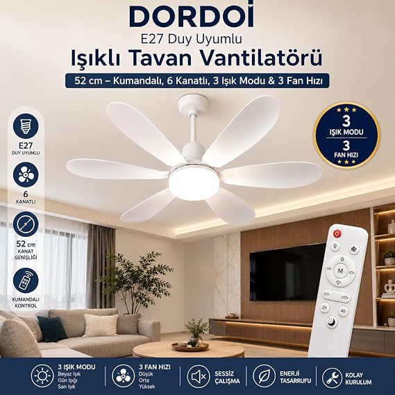 DORDOİ E27 Duy Uyumlu Işıklı Tavan Vantilatörü 52 cm – Kumandalı, 6 Kanatlı, 3 Işık Modu & 3 Fan Hızı [Enerji Sınıfı F]