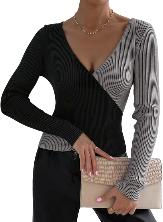 XNC Womens Wrap V-Neck Sweaters 2025 Fall Winter Sexy Criss Cross Knit Pullover Tops Long Sleeve Slim Fit Color Block Sweater