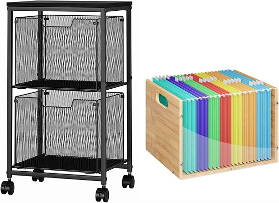 Sbanmao Rolling File Cart with 2 Storage Drawers, File Cabinet with Wheels, Acrylic Bamboo File Box Organizer, Hanging Folder Storage Boxe