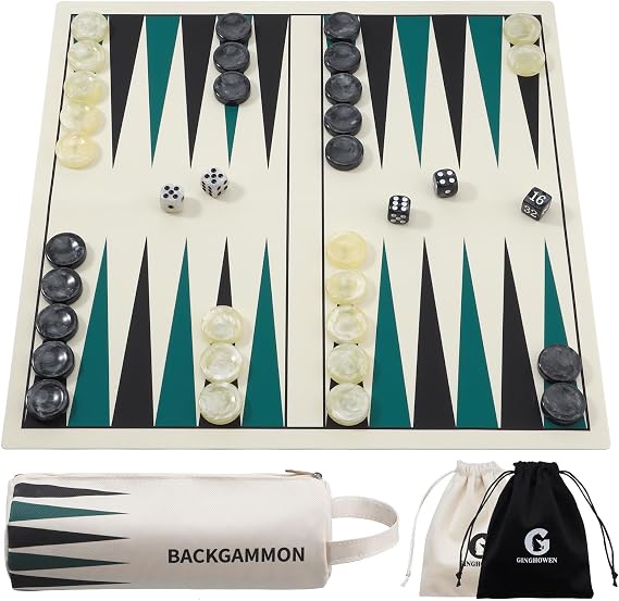 15.75 Inch Backgammon Set, Premium Silicone Backgammon Classic Board Games for 2 Players, Foldable Travel Backgammon Portable Game Set with Carrying Storage Bag (Green)