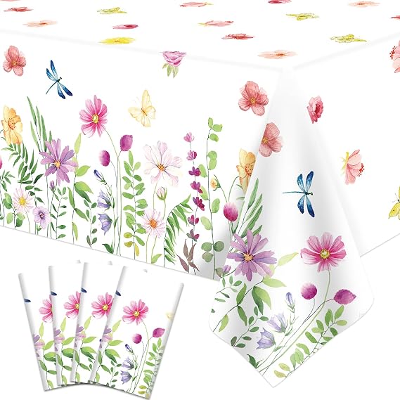 4 Pack Summer Floral Tablecloth Wild Flowers Table Cloth Plastic Spring Floral Table Cloth Summer Flower Party Table Cover for Wedding, Babyshower, Birthday Party Decorations 51 x 86 Inches