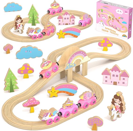 Wooden Train Set, Train Track Gifts for 3 4 5 6 Year Old（38 PCS）