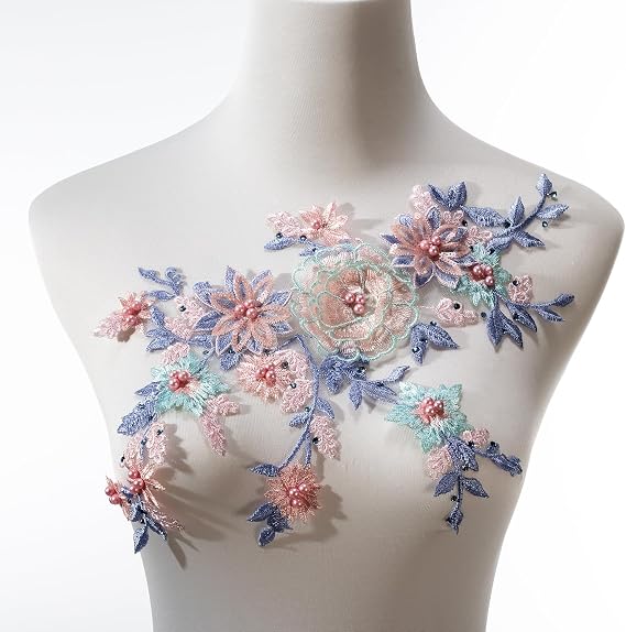 Silvora 3D Embroidered Flower Fabric Beaded Pearl Lace Applique, Handmade Sewing Tool for DIY Wedding Bridal Dress Floral Costume Patch Decor(Blue)