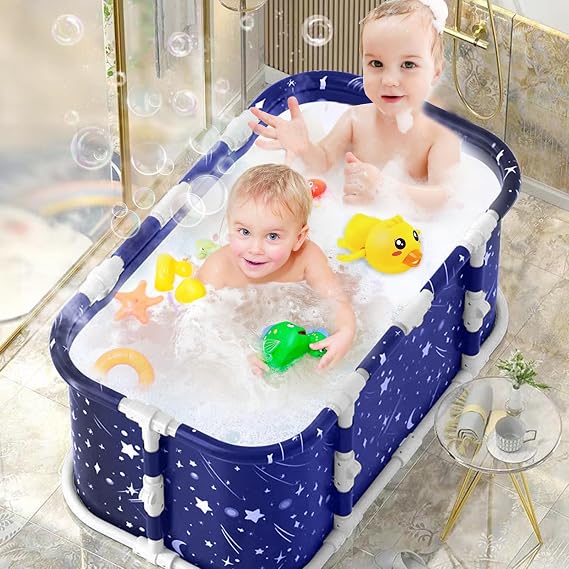 Foldable Bathtub, 47" Large Portable Collapsible Bathtub for Adults, Blue, Plastic/Rubber, Modern Textured Finish, Rectangular Freestanding Bathtub