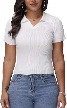 Womens Summer Collared Short Sleeve Tshirt Slim Solid Pullover