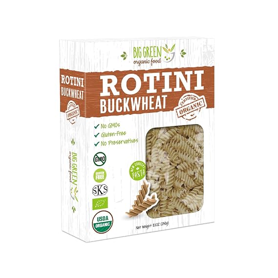 Big Green Organic Food- Organic Buckwheat Rotini, 8.8oz, 100% buckwheat, Gluten-Free, Non-GMO, Vegan (1)