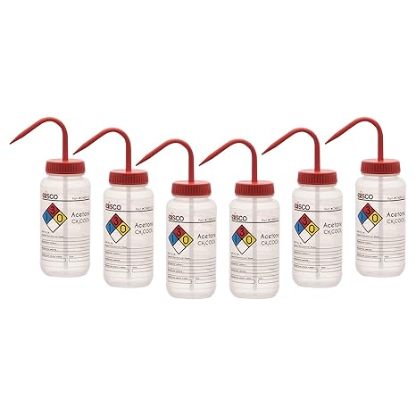 EISCO 6PK Wash Bottle for Acetone, 500ml - Labeled with Color Coded Chemical & Safety Information (4 Colors) - Wide Mouth, Self Venting, Low Density Polyethylene Labs