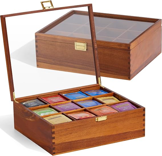HouseJoy Wood Tea Bag Organizer with Clear Glass Lid,12 Compartments