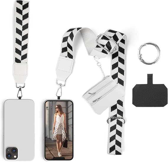 Clip and Go Phone Strap with Wallet Crossbody, Phone Chain Cross Body with Detachable Zippered Pouch, Phone Lanyard with Purse, Adjustable Mobile Strap (White)
