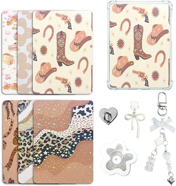Cute Case Insert Cards Set for Kindle,6 Book-Themed Designs with Charms Set for Kindle and USB-C Dust Plugs,for 11th/12th Generation,6.8 x 4.8 inches(Khaki)