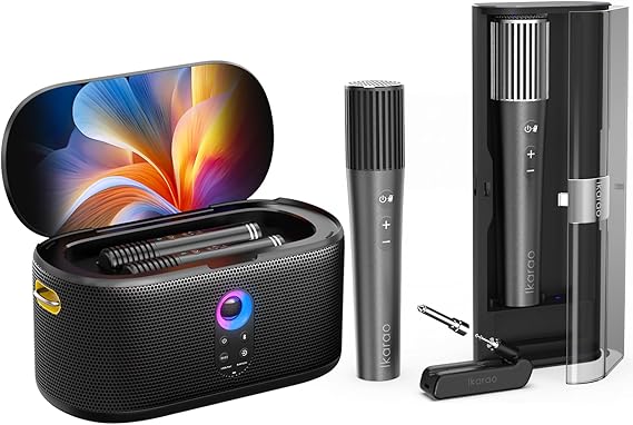 Ikarao Karaoke Machine for Adults with Lyrics Display, 10.1" Screen, 280W Karaoke Speaker, Bundle with 4 Wireless Mics, Dual Channel Plug & Play Mic System, 20H Battery, 100ft Range, HDMI for TV