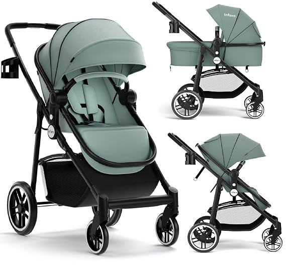 INFANS 2 in 1 Baby Stroller, High Landscape Infant Stroller & Reversible Bassinet Pram, Foldable Pushchair with Adjustable Canopy, Cup Holder, Storage Basket, Suspension Wheels (Green)