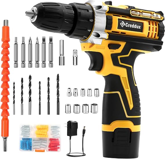 84pcs Cordless Drill Set Creddux Power Drill Cordless Sets Variable Speed, Electric Drills 18+1 Torque Setting, Built-In Led Light, Level and 2 Driver Bits Z Set Yellow