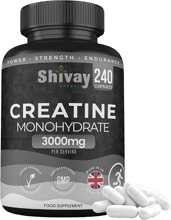 Creatine Monohydrate 240 Vegan Capsules – 3000mg per Serving | High Strength Pure Micronised Creatine | Muscle Strength, Power & Endurance - Made in UK by Shivay Herbals
