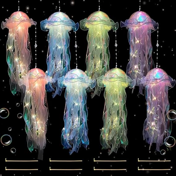 8Pcs Jellyfish Light, Hanging Jellyfish Lamp, Creative Glowing Jelly Fish Night Light, Jelly Fish Lanterns, Jellyfish Garden Lights for Ocean Theme Party Yard Landscape Garden Ornament [Energy Class A]