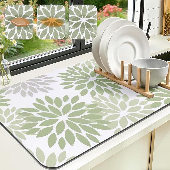 Findosom Floral Dish Drying Mat, 12" x 20" Super Absorbent & Hide Stain Coffee Mat, Cuttable Drying Mat for Kitchen Counter, Under Dish Rack, Coffee Maker, Espresso Machine, Sage Green