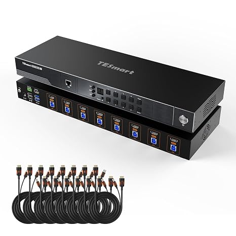 TESmart HDMI KVM Switch 8 Port 8K@60Hz, USB 3.0 8X1 Rackmount KVM Enterprise-Grade EDID Emulator, Hotkey Switch, RS232, LAN Port, IR Remote, IP Control, Auto Scan, with 8 Pcs 5ft KVM Cable