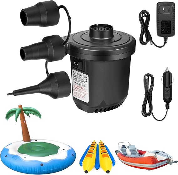 Air Pump for Inflatables, Portable Quick-Fill Electric Air Mattress Pump with 3 Nozzles, Inflator & Deflator Pumps for Outdoor Camping, Pool Floats, Inflatables Couch, Swimming Ring, 12V DC/110V AC