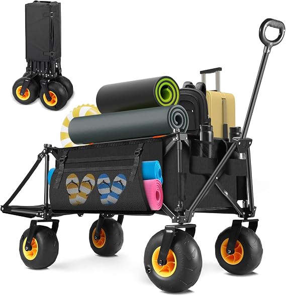 Outdoor Wagon with Inflatable All-Terrain Big Wheels,220 LBS Heavy Duty Folding Beach Wagon with Extra Long Extender,Grocery Cart with Cup Holders and Pocket for Groceries, Garden & Camping