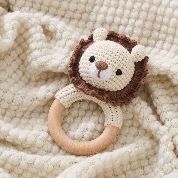 Wooden Baby Lion Rattle Toy, Newborn Animal Rattle
