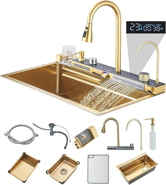 Waterfall Brushed Gold Kitchen Sink, Undermount/Drop in Single Bowl Kitchen Sink With Pull Down Spray Head Faucet, Farmhouse Workstation Sink with Multiple Accessories, 29.5x18 Inch