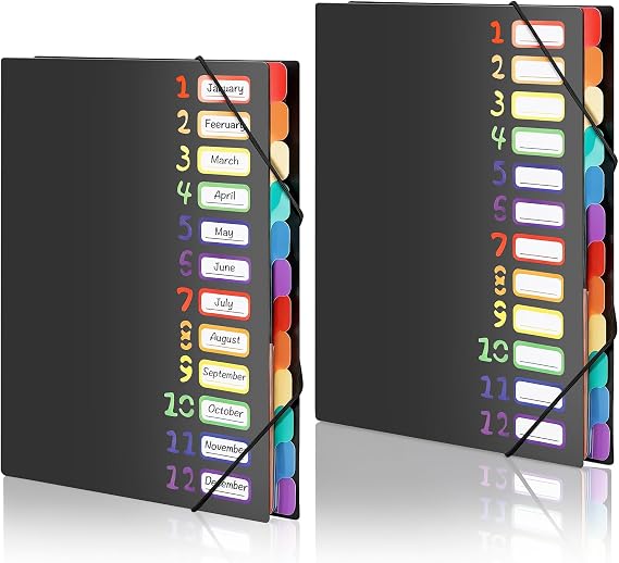 2 Pack Expanding File Folder with 12 Pockets: A4 Accordion Document Organizer with Elastic Closure & Rainbow Tabs, Portable PP Plastic File Holder for Office, School, Home