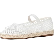 AMINUGAL Womens Woven Ballet Flat Shoes Round Toe Mary Jane Shoes Flats Elastic Band Dressy Comfortable Ballerina Flats for Women A-White