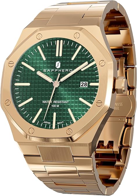 SAPPHERO Watches Men Octagonal Stainless Steel Waterproof Analog Japanese Quartz Wrist Watch Date Fashion Classic Business Luxury Watches for Men Elegant Gifts