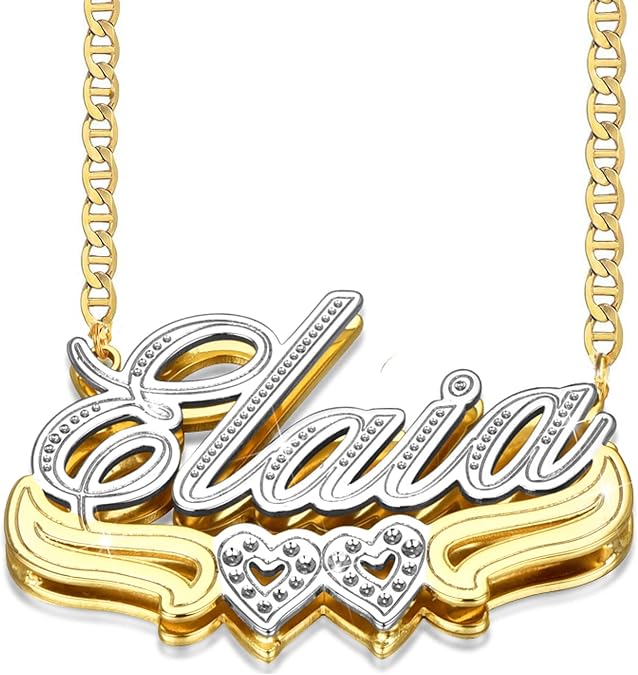 Name Necklace Double Plated Nameplate Two Tone Gold and Silver Heart Custom Necklaces Personalized Double Layered Design Letter Heart Choker Jewelry Gift for Women Lover Men