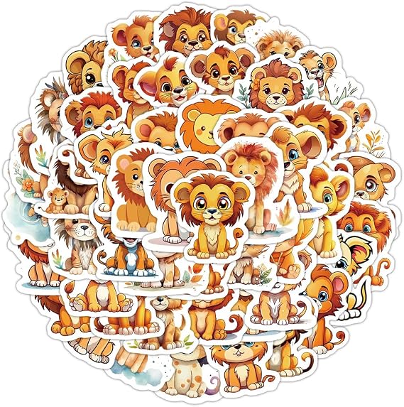Playful Lion Cub Vinyl Stickers, 50 PCS Waterproof Cartoon Animal Decals for Laptops, Scrapbooking, Journals, Notebooks, Water Bottles, Suitcases, Phones & DIY Decor
